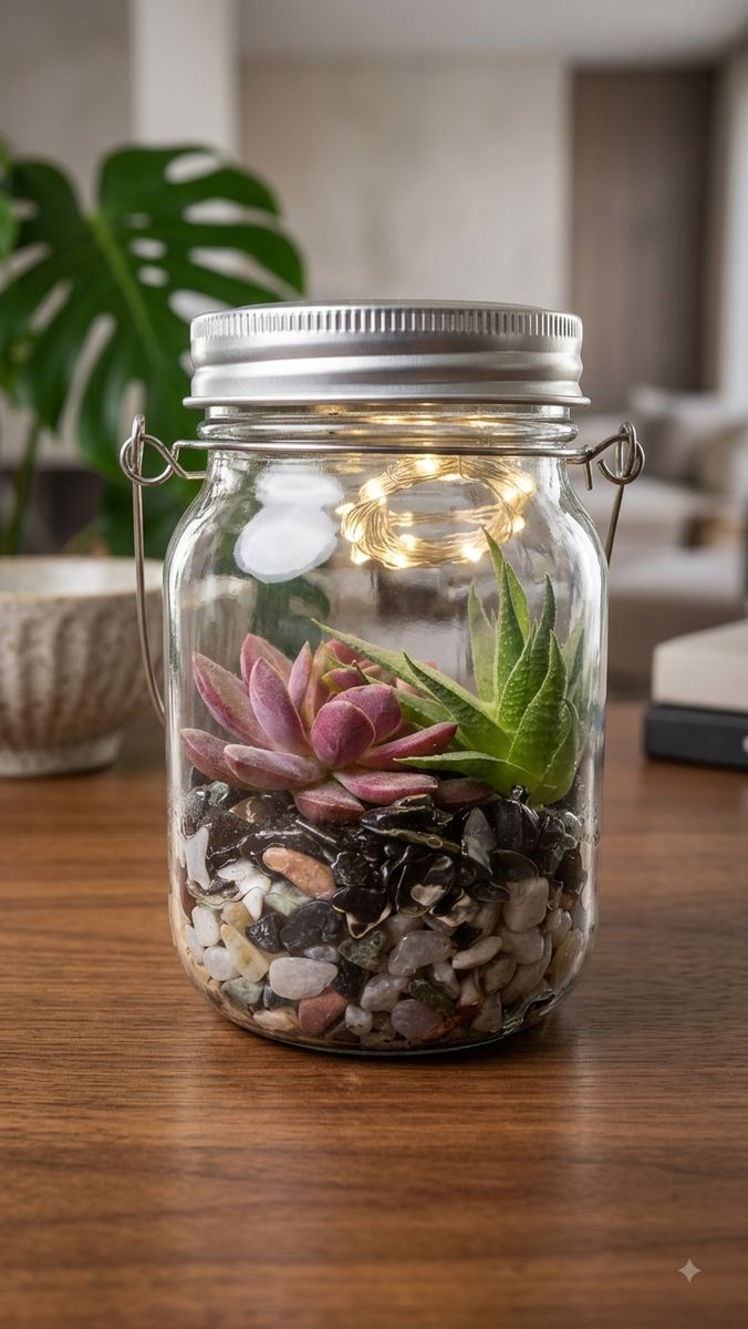 Mason jar lantern with faux succulents, pebbles and fairy lights in the lid